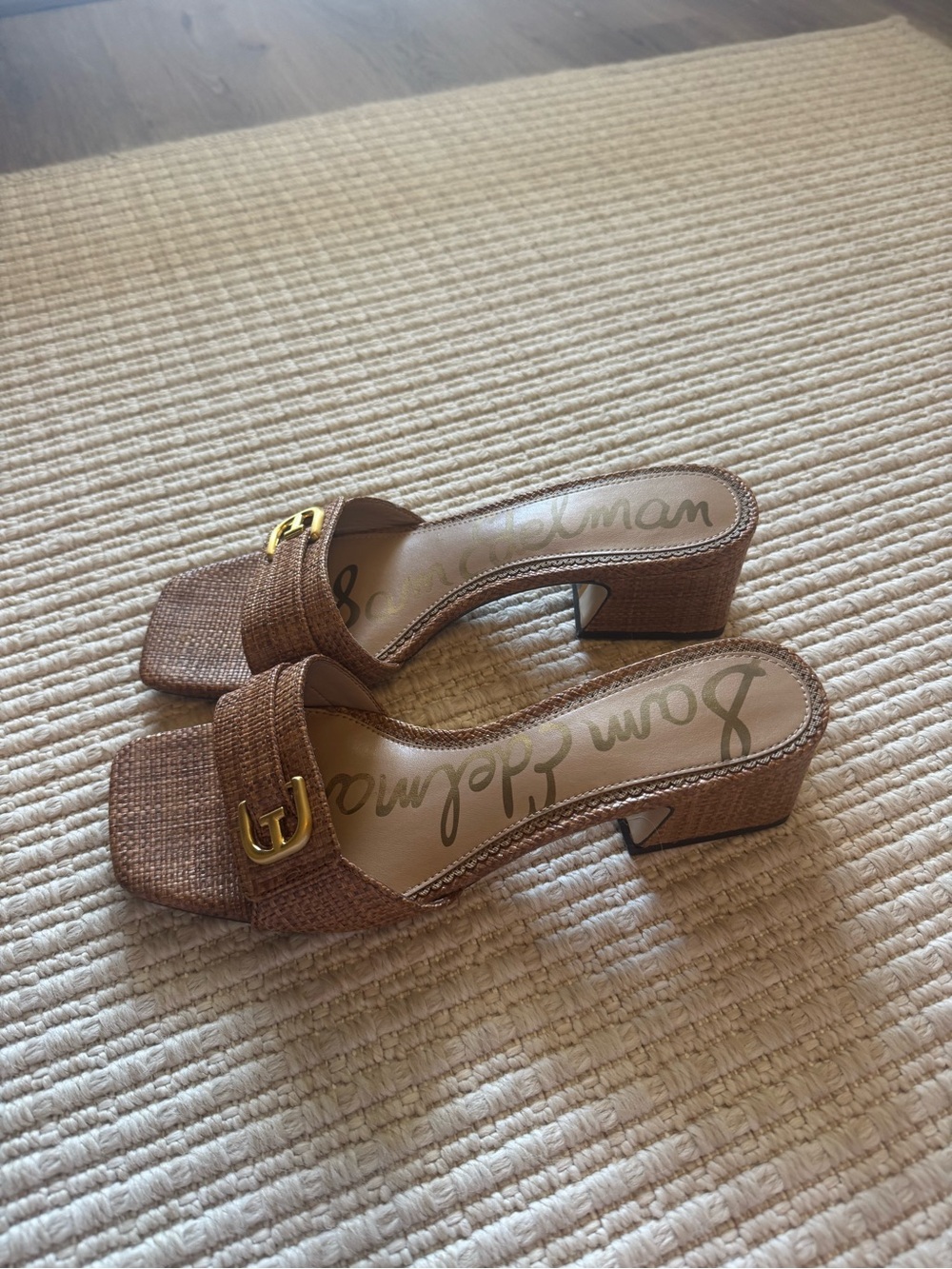 Sam Edelman Tan Woven Slide Heels with Gold Buckle - Picture 4 of 4